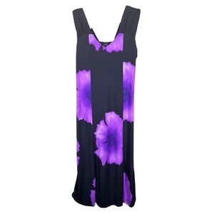 Jostar Womens Purple Floral Sleeveless Midi Dress V-Neck Stretch Black Medium
